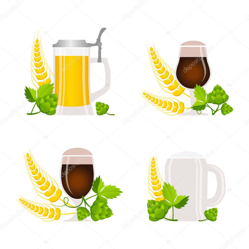 Beer glasses and mugs flat set with hops and wheat