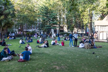 Canlı şehir parkı sahnesi. Çimlerin üzerinde gruplar oturuyor, sohbet ediyor, kitap okuyor ve uzun ağaçlar ve çevreleyen binalar arasında dinleniyor. Londra, İngiltere, 23 Temmuz 2023