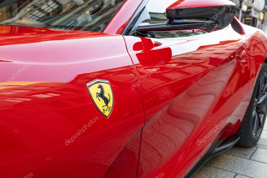 Close up of a red Ferrari highlighting the prancing horse emblem. London, UK, 28 August 2023