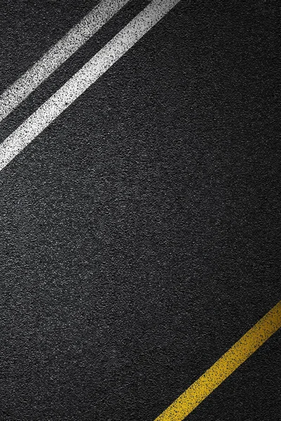 Level asphalted road with a dividing white and yellow stripes. The texture of the tarmac, top view. — Stock Photo, Image