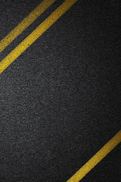 Tingkat aspal jalan dengan garis-garis kuning membagi. Tekstur tarmac, tilikan atas . — Stok Foto
