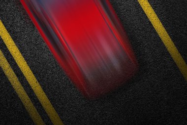 Düzey Asfaltlı yol bir bölme ile sarı çizgili ve yüksek hız ile kırmızı bir araba hareket. Asfalt, en iyi görünüm doku.