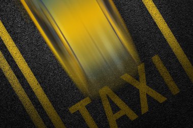 Level asphalted road with a dividing yellow stripes and moving with at high speed the vehicle cab. The texture of the tarmac, top view. clipart