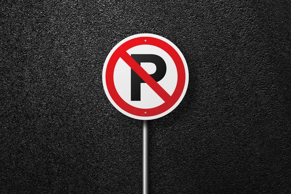 Znak drogowy o okrągłym kształcie na tle asfaltu. Brak parkingu. Tekstura widok asfalt, top. — Zdjęcie stockowe