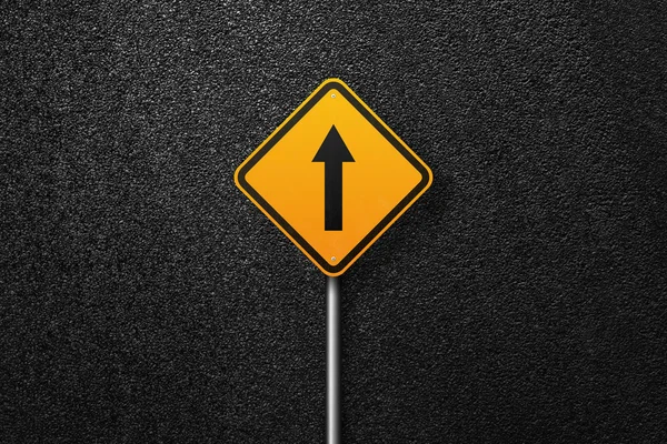 Road sign of the diamond shape with pointer on a background of asphalt. The texture of the tarmac, top view. — Stock Photo, Image