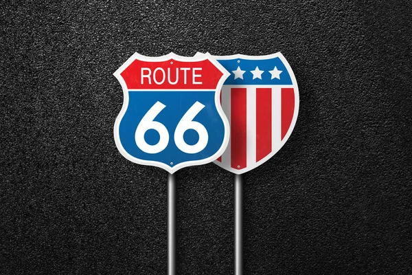 Road signs with the words 66 and USA flag are placed in a row on a background of asphalt. Route 66. Will Rogers highway. The texture of the tarmac, top view.