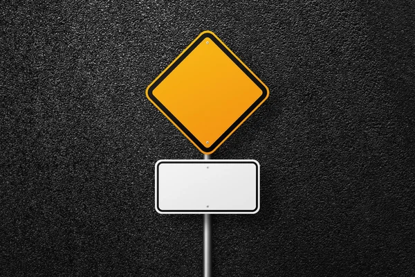 Blank road sign of the diamond shape on a background of asphalt. The texture of the tarmac, top view. — Stock Photo, Image