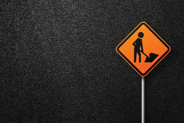 Asfalt bir arka plan üzerinde bir işçi resmi ile yol işareti elmas şekli. Asfalt dokusu, üst görünüm.