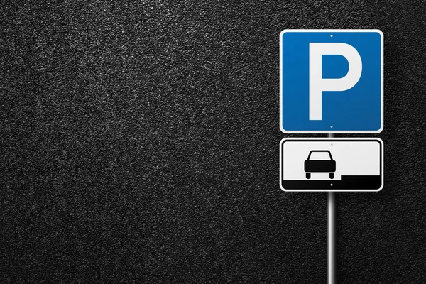 Znak drogowy na tle asfaltu. Parking. Tekstura widok asfalt, top. — Zdjęcie stockowe