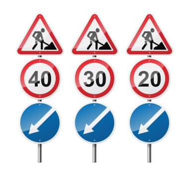 3 işaretleri, beyaz arka plan üzerinde izole kümesi. Yol çalışmaları. Hız sınırı. İşaretçi. Eps10 vektör çizim.