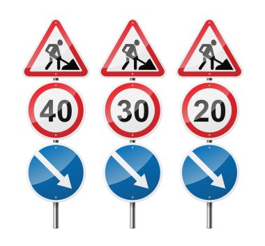 3 işaretleri, beyaz arka plan üzerinde izole kümesi. Yol çalışmaları. Hız sınırı. İşaretçi. Eps10 vektör çizim.