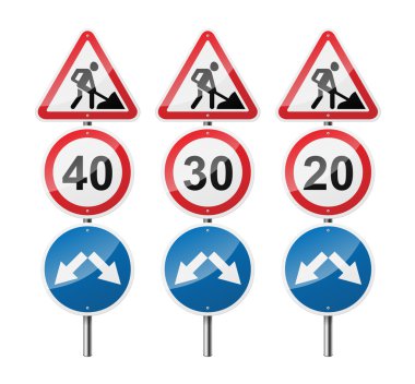 3 işaretleri, beyaz arka plan üzerinde izole kümesi. Yol çalışmaları. Hız sınırı. İşaretçi. Eps10 vektör çizim.