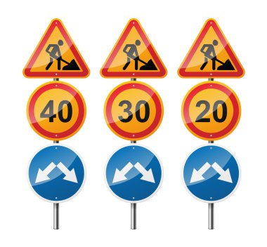 3 işaretleri, beyaz arka plan üzerinde izole kümesi. Yol çalışmaları. Hız sınırı. İşaretçi. Eps10 vektör çizim.