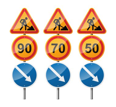 3 işaretleri, beyaz arka plan üzerinde izole kümesi. Yol çalışmaları. Hız sınırı. İşaretçi. Eps10 vektör çizim.