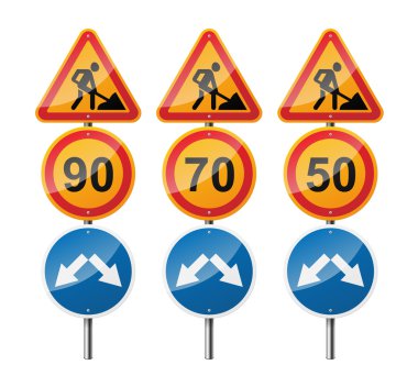 3 işaretleri, beyaz arka plan üzerinde izole kümesi. Yol çalışmaları. Hız sınırı. İşaretçi. Eps10 vektör çizim.