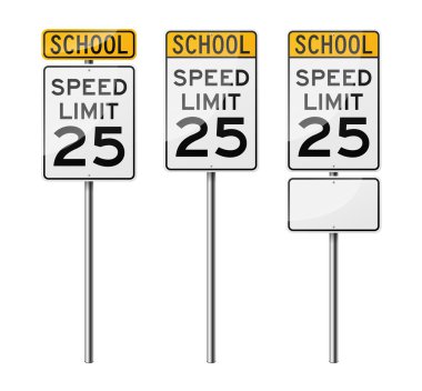 Beyaz arka plan üzerinde izole 3 yol işaretleri kümesi. Hız sınırı. Okul. Eps10 vektör çizim.