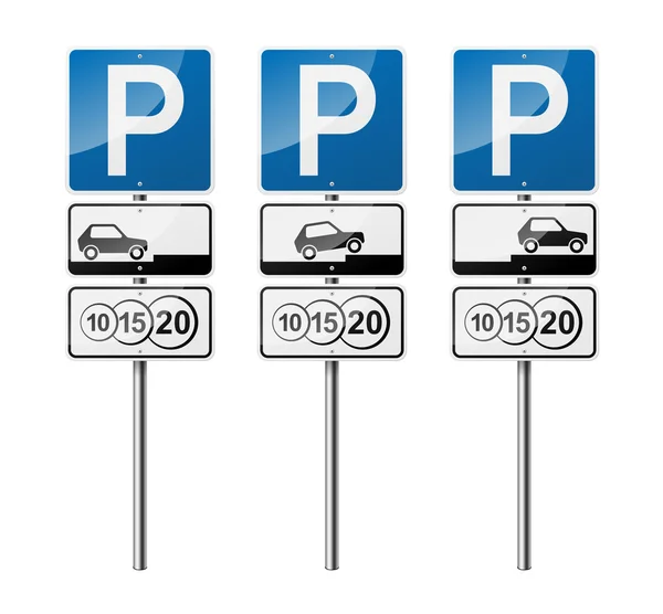 Conjunto de 3 sinais rodoviários, isolados sobre fundo branco. Estacionamento pago. Ilustração do vector EPS10 . —  Vetores de Stock