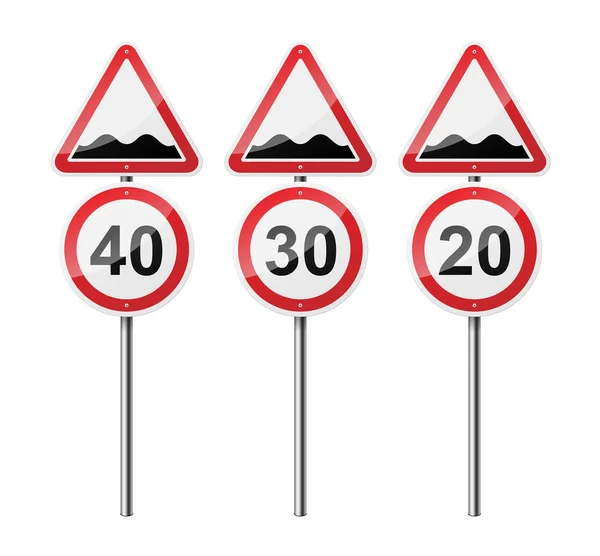 Conjunto de 3 signos, aislados sobre fondo blanco. Carreteras difíciles. Límite de velocidad. Ilustración vectorial EPS10 . — Vector de stock