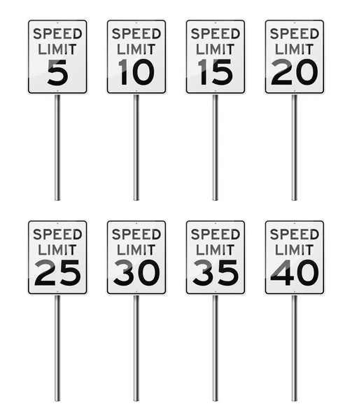 Набор из 8 дорожных знаков, изолированных на белом фоне. Ограничение скорости. Векторная иллюстрация EPS10 . — стоковый вектор