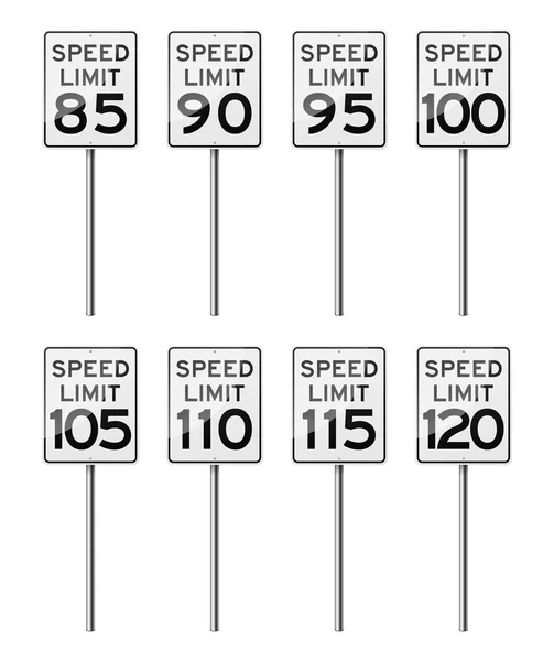 Набор из 8 дорожных знаков, изолированных на белом фоне. Ограничение скорости. Векторная иллюстрация EPS10 . — стоковый вектор