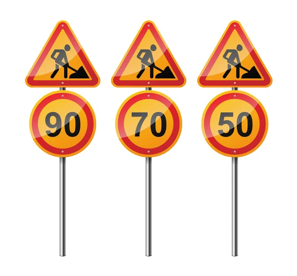 Conjunto de 3 signos, aislados sobre fondo blanco. El camino funciona. Límite de velocidad. Ilustración vectorial EPS10 . — Vector de stock
