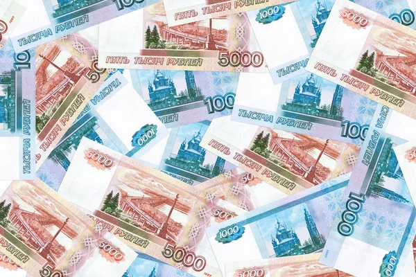 Banknoten in Tausend und Fünftausend Rubel in einem Haufen — Stockfoto