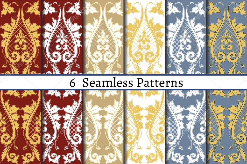 Set of six  seamless pattern of baroque style. 