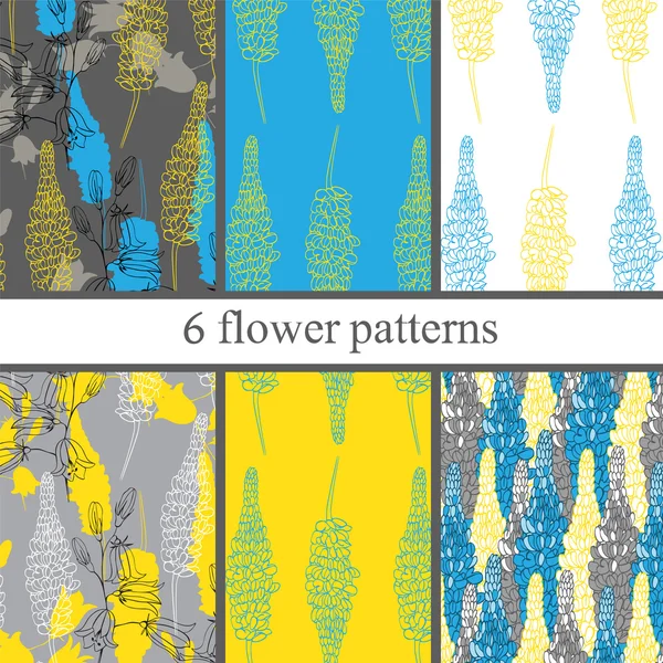 Ensemble de six motifs de fleurs sans couture avec des lupins  . — Image vectorielle