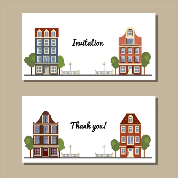 Eski Avrupa tarzı binalar ile evrensel kart dizisini. Amsterdam evleri.