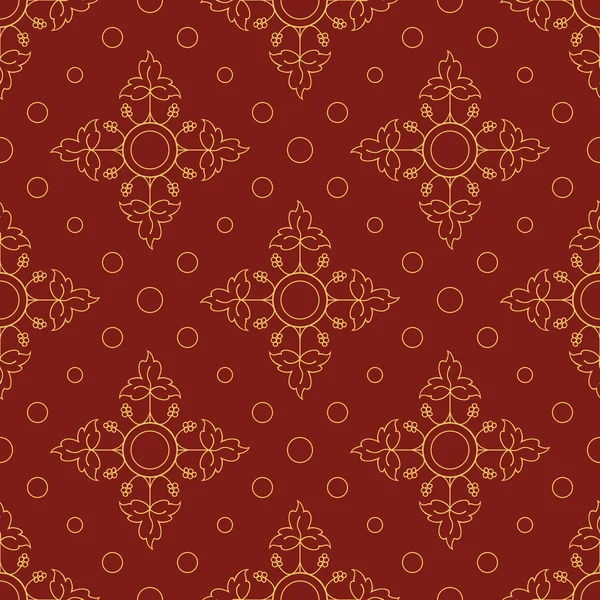 Daireler ve yaprakları parlak seamless modeli. Kırmızı ve altın.