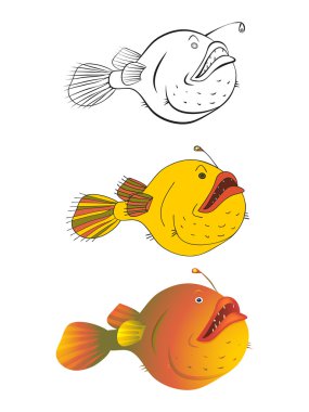 Three versions of a cartoon illustration of deep-water fish: black-and-white sketch, color, gradient clipart