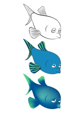 Üç derin balık karikatür resmi sürümü: siyah-beyaz eskiz, renk, degrade