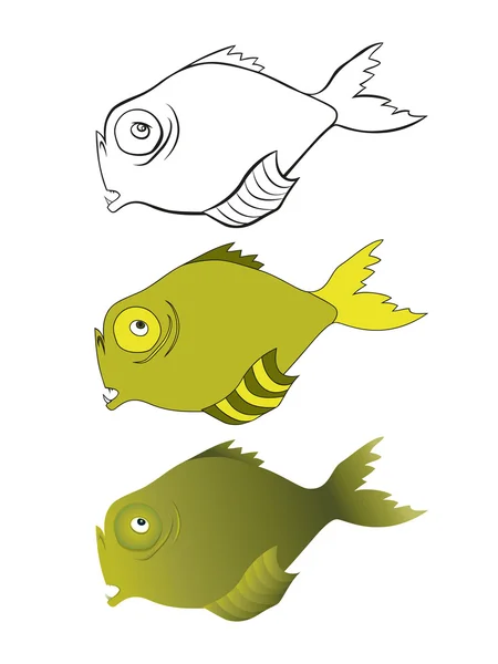 Tři verze kreslený obrázek hlubinných ryb: černobílé skici, barvu, přechod — Stockový vektor