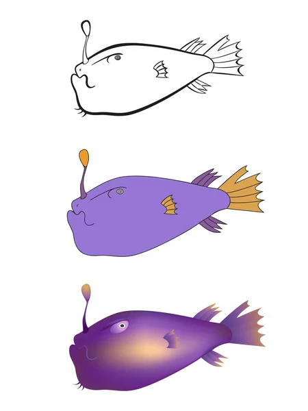 Tres versiones de una ilustración de dibujos animados de peces de aguas profundas: boceto en blanco y negro, color, degradado — Vector de stock