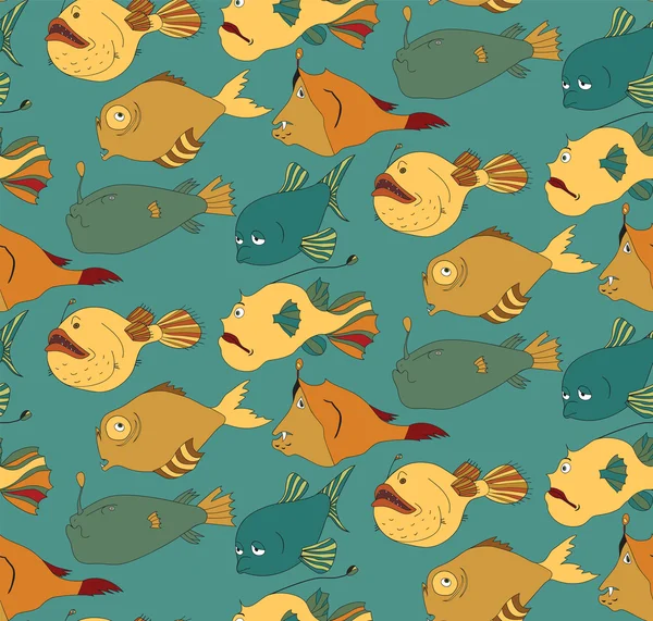 Bright and Stylish World of Deep-water Fishes (en inglés). Fondo de patrón sin costura en azul . — Vector de stock