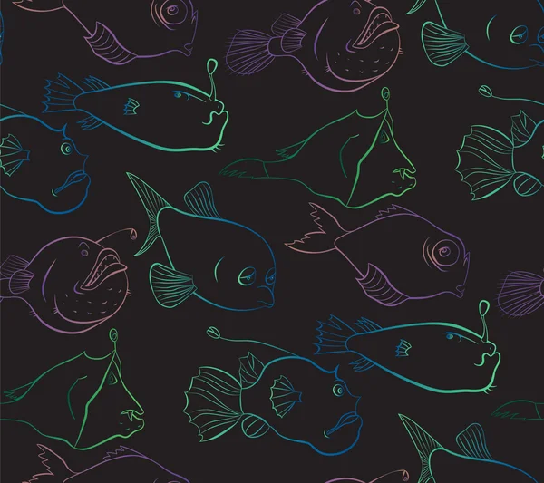 Světlé a tajemný svět hlubinných ryb. Vzor bezešvé pozadí na černou. — Stockový vektor