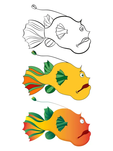 Üç derin balık karikatür resmi sürümü: siyah-beyaz eskiz, renk, degrade