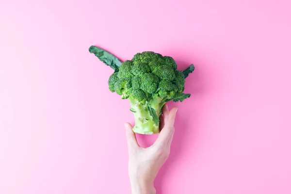 Woman hand holding fresh raw broccoli on pink background — Stock Photo, Image