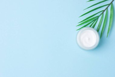 Mavi arka planda yaprak palmiyesi dalı olan kozmetik kremi kavanozu. Düz yat, boşluğu kopyala