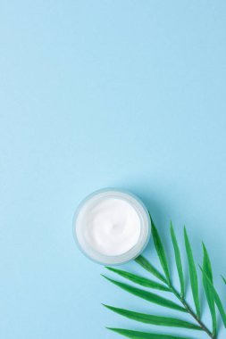 Pembe arka planda yaprak palmiye dalı olan kozmetik kremi kavanozu. Düz yat, boşluğu kopyala