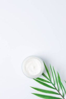 Beyaz arka planda yaprak palmiyesi dalı olan kozmetik kremi kavanozu. Düz yat, boşluğu kopyala