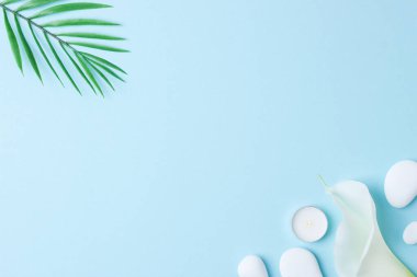 Beyaz taşlı, mumlu, palmiye yapraklı ve mavi üzerine beyaz çiçekli bir kaplıca. Düz yat, boşluğu kopyala