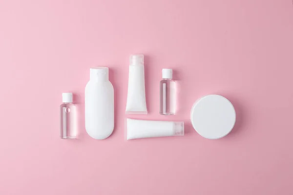 Cosmetic Composition Cosmetic Skin Care Products Pink Background Flat Lay — Stock Photo, Image