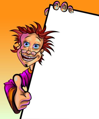 Vector illustration of a man with blank poster and a thumb