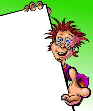 Vector illustration of a man with blank poster and a thumb