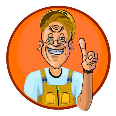 Vector illustration of smiling workman holding his index finger 