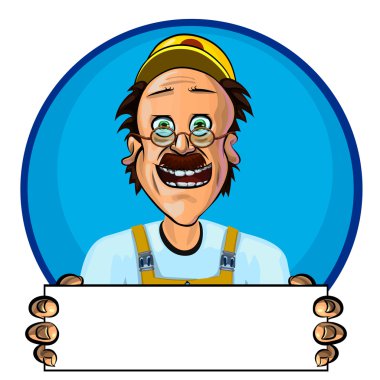 Vector image of smiling workman holding blank poster