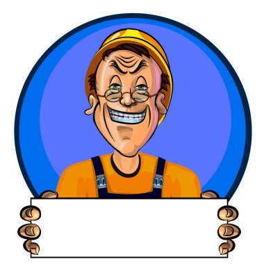 Vector image of smiling workman holding blank poster