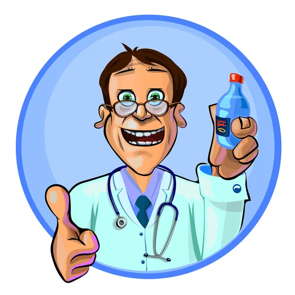 Ilustração vetorial de um médico com frasco de medicamento e polegar u — Vetor de Stock
