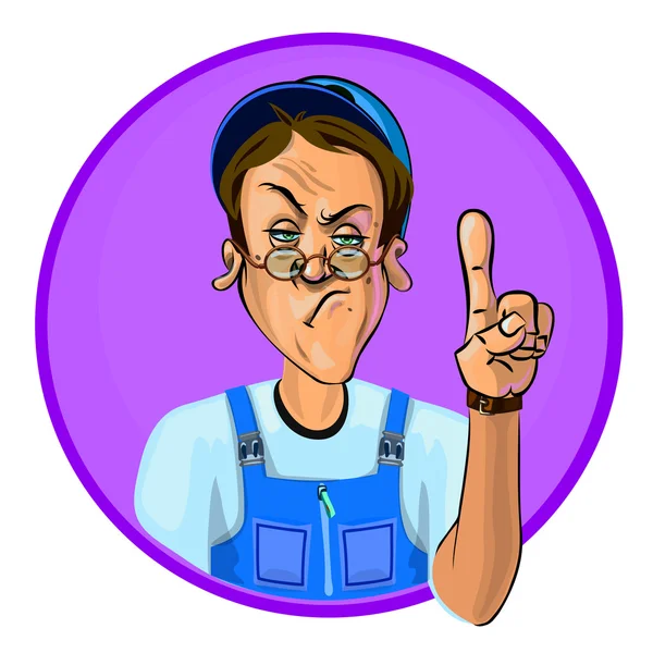 Vector illustration of a workman holding his index finger up — 스톡 벡터